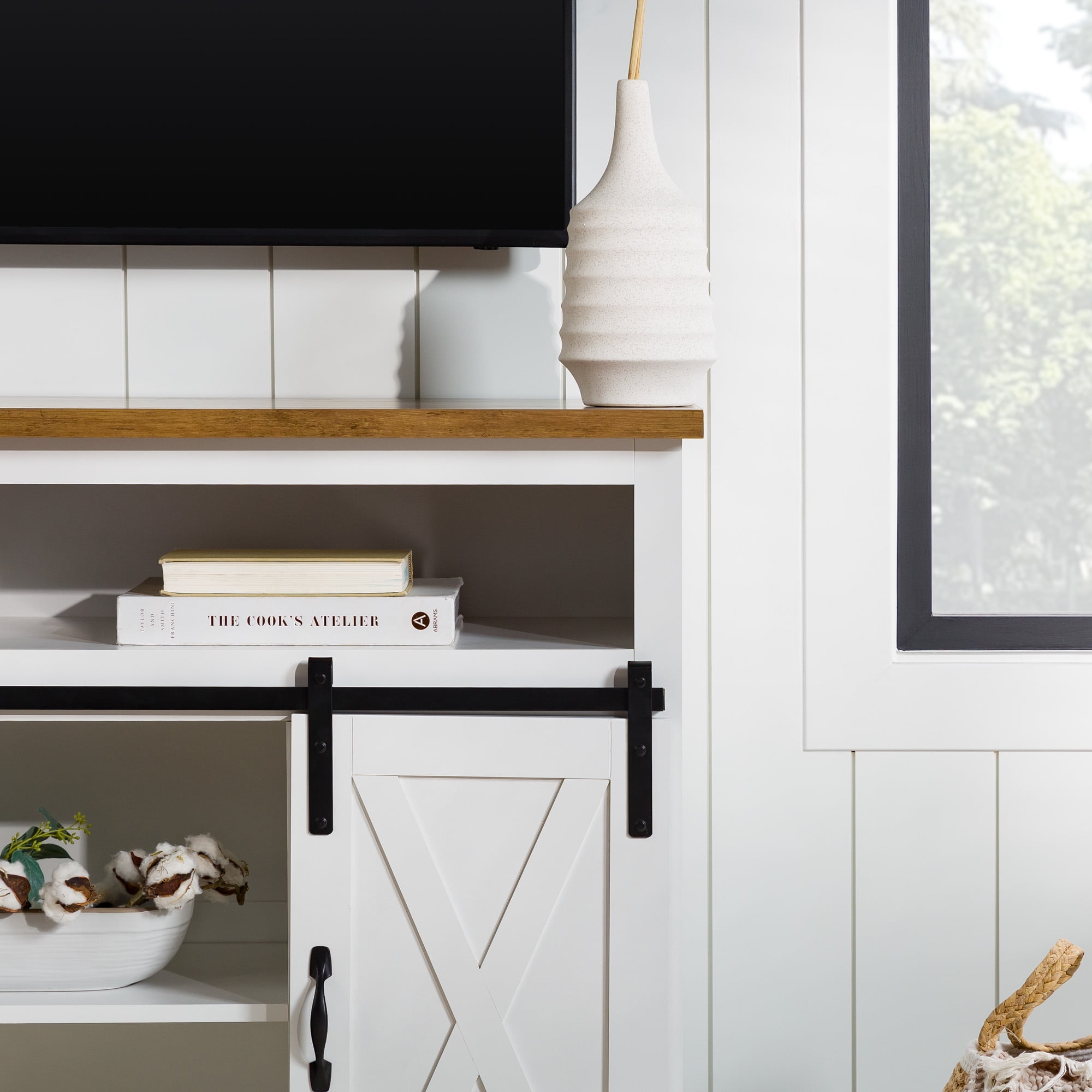 Walker Edison Farmhouse Barn Door TV Stand for TVs up to 60", Solid White & Rustic Oak
