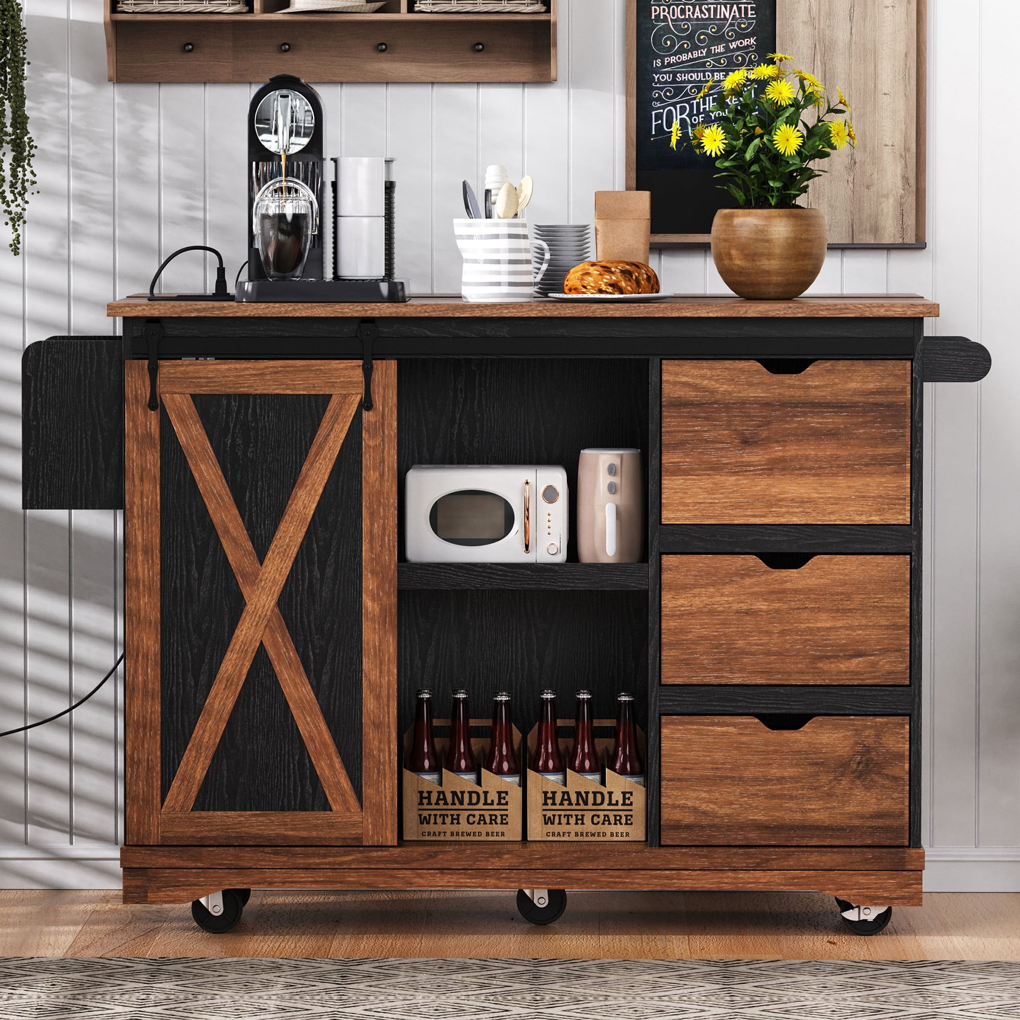 Euroco Farmhouse Kitchen Island with Drop Leaf, Charging Station, Storage Cabinet & Drawers, Rolling Kitchen Cart with Barn Door – 55.5''W