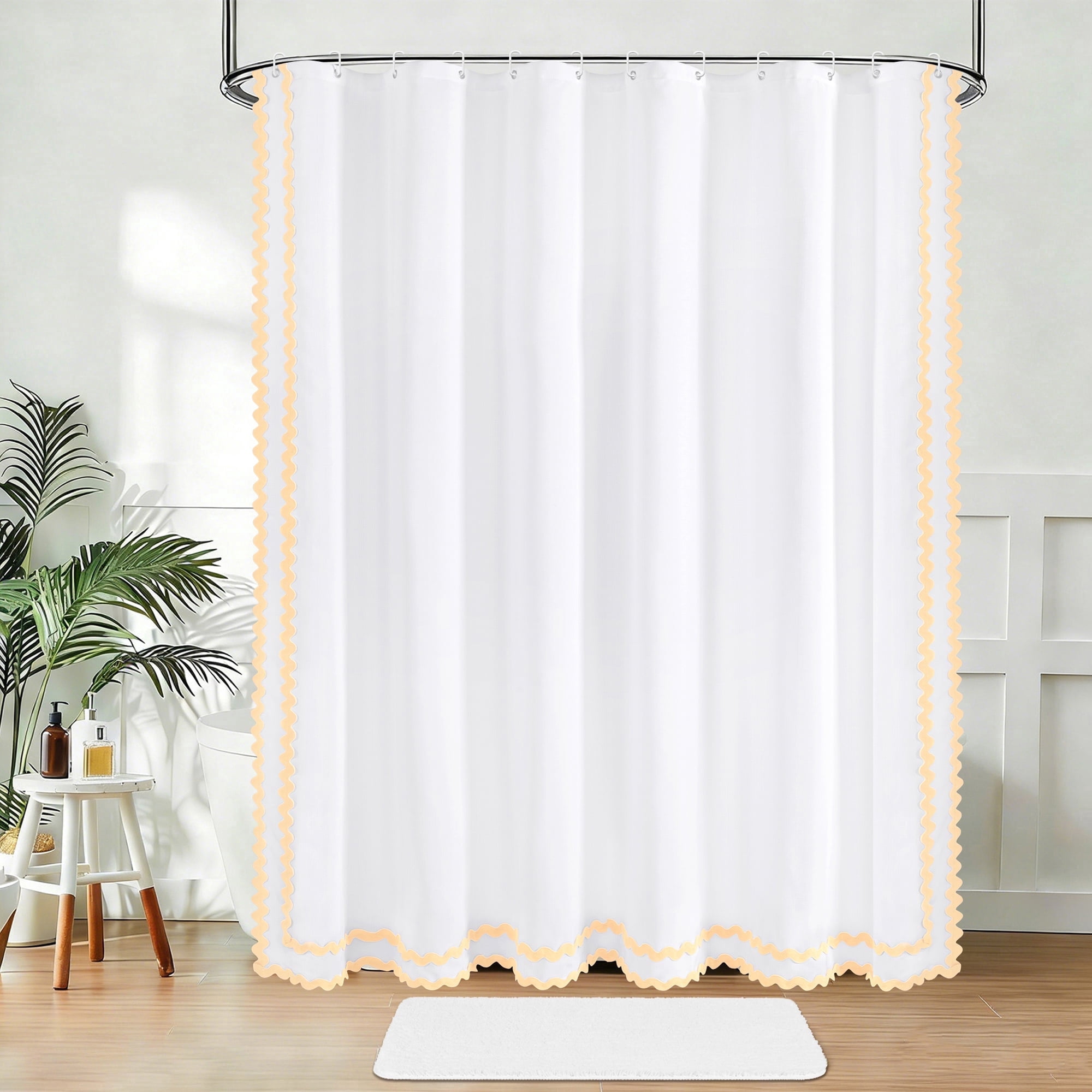 FRAMICS Beige Scalloped Shower Curtain Sets with Rug, 14 Piece Fabric Bathroom Sets with Hooks, Heavy-Duty & Waterproof, 72" x 72"