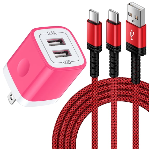 Type C Charger Block,with 2PACK Android Charger Fast Charging Cable 10ft 5V/2.1A HopePow Dual Port Usb Charger Block Wall Adapter Plug Brick Phone Chargers for Android Phone Type C,Pink