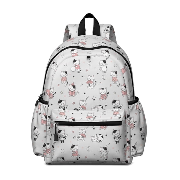 Cat and Fan White Pattern Cute School Backpack with Padded Back and Adjustable Shoulder Straps 13.4"x11"x4.7"