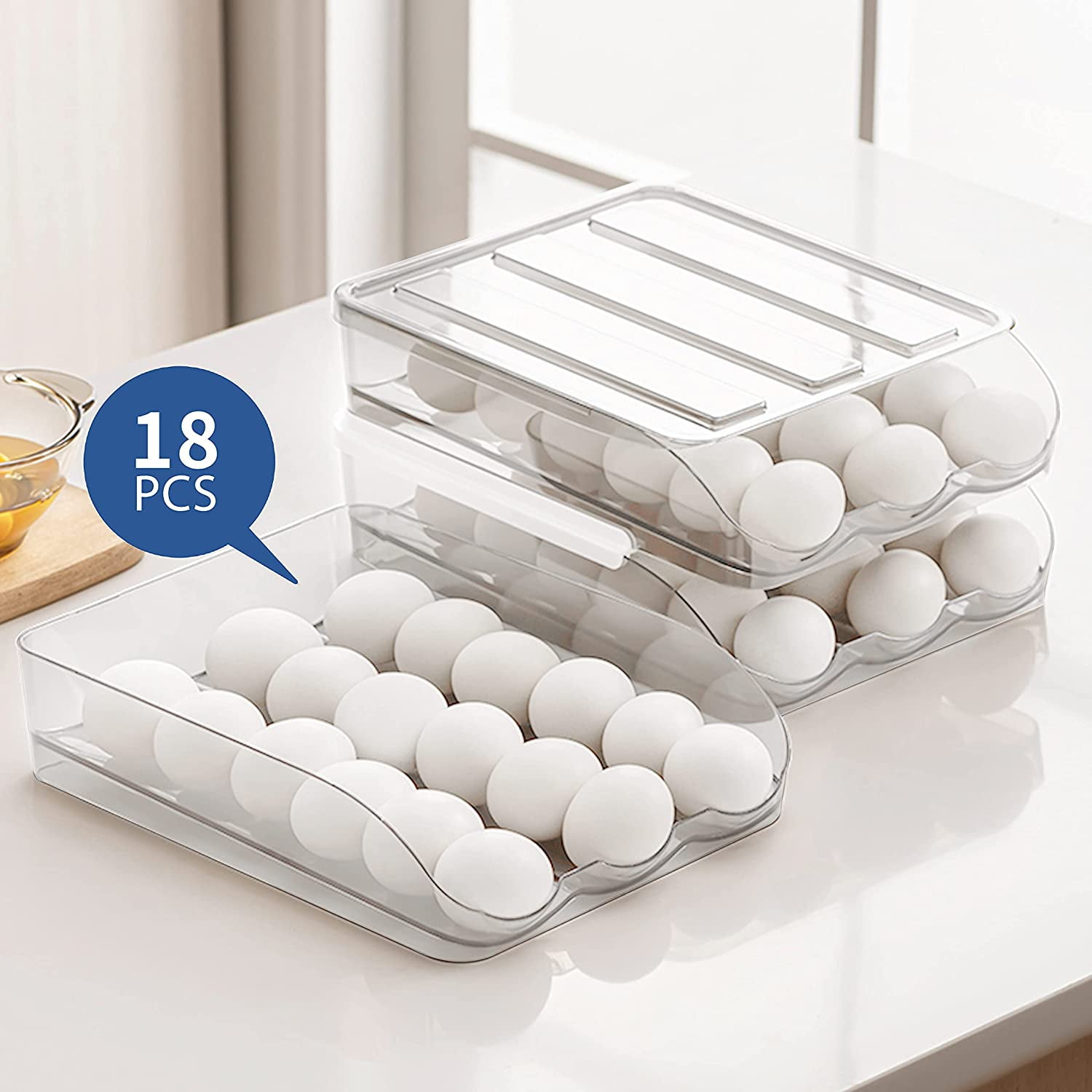 SUNFICON Egg Holder Storage Box with Lid Automatic Rolling Egg Container for Refrigerator Kitchen Egg Tray Organizer Bin for Household (3 layers)