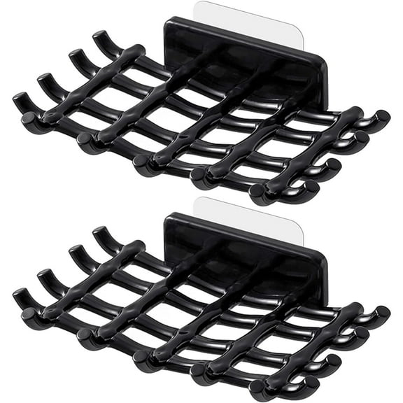Januofit Soap Bar Holder for Shower Wall, Self Draining Soap Dish with Hooks, No Drilling, Bathtub Kitchen Sink Waterproof Adhesive Wall Mounted Dish (2 Pack, Black)