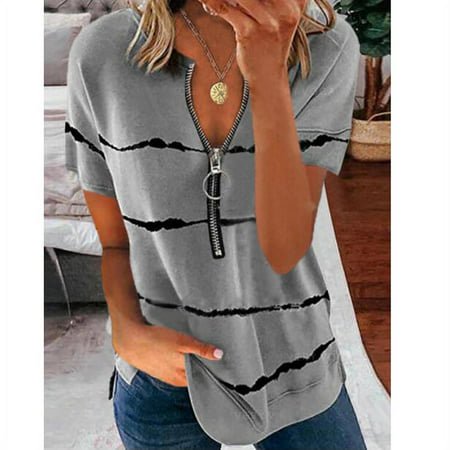 Yskkt Striped Shirt for Women Summer Top Short Sleeve T-Shirt Zip Henley Neck Pullover Tee