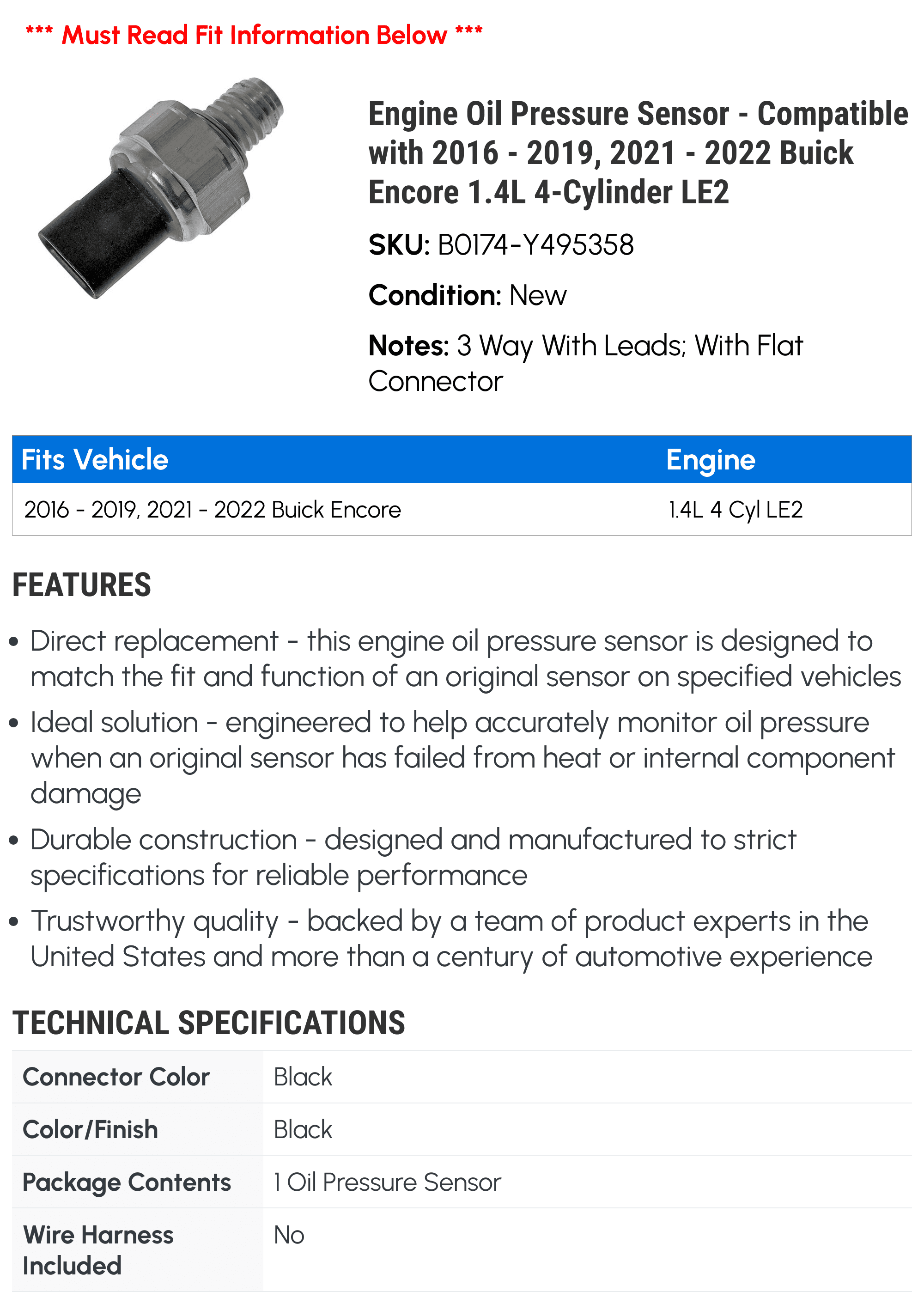 Engine Oil Pressure Sensor - Compatible with 2016 - 2019, 2021 - 2022 Buick Encore 1.4L 4-Cylinder LE2 2017 2018