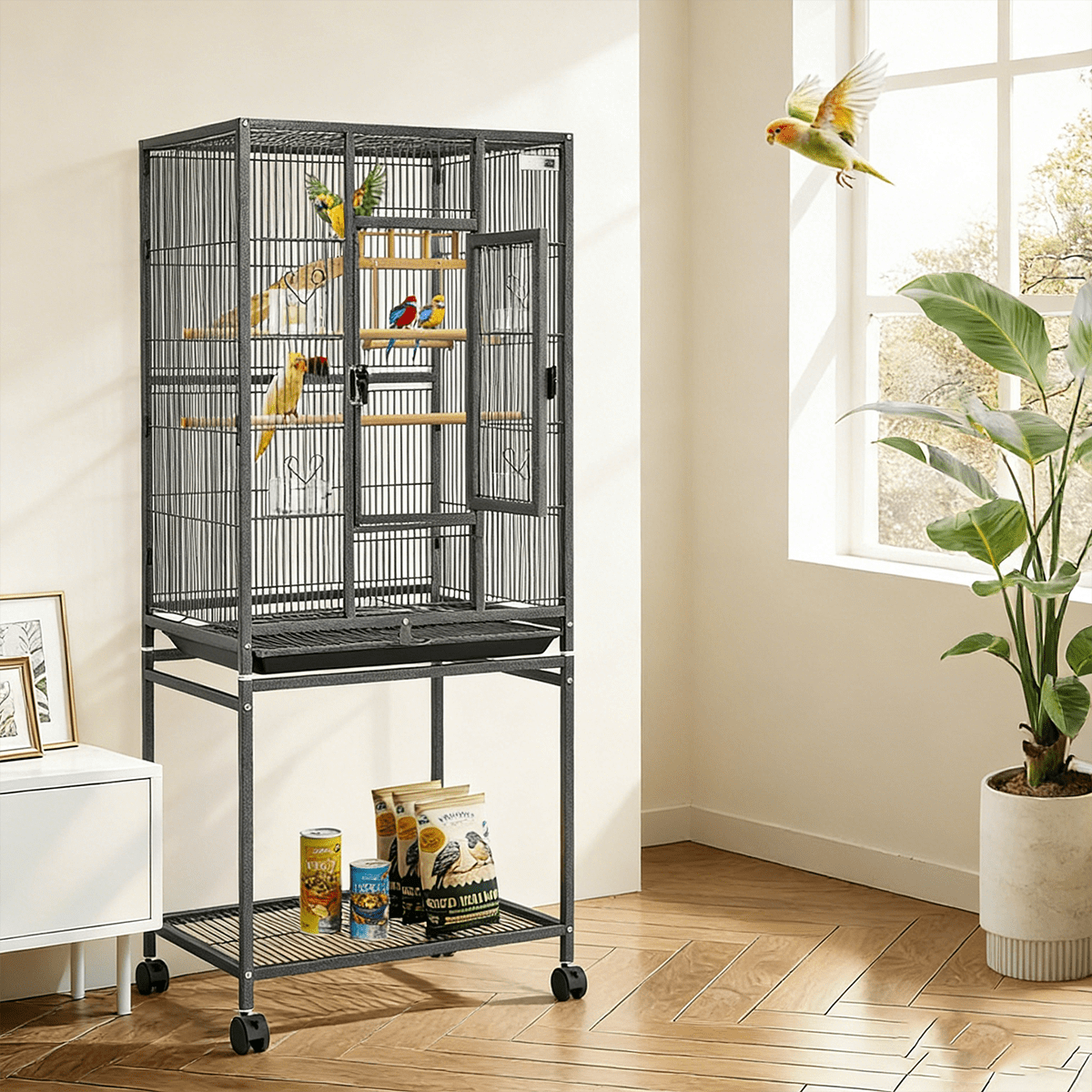Winkalon 54" Wrought Iron Standing Large Parrot Parakeet Flight Bird Cage for Small Parrot Sun Parakeet Green Cheek Conure Lovebird Budgie Finch Canary Bird Cage with Stand