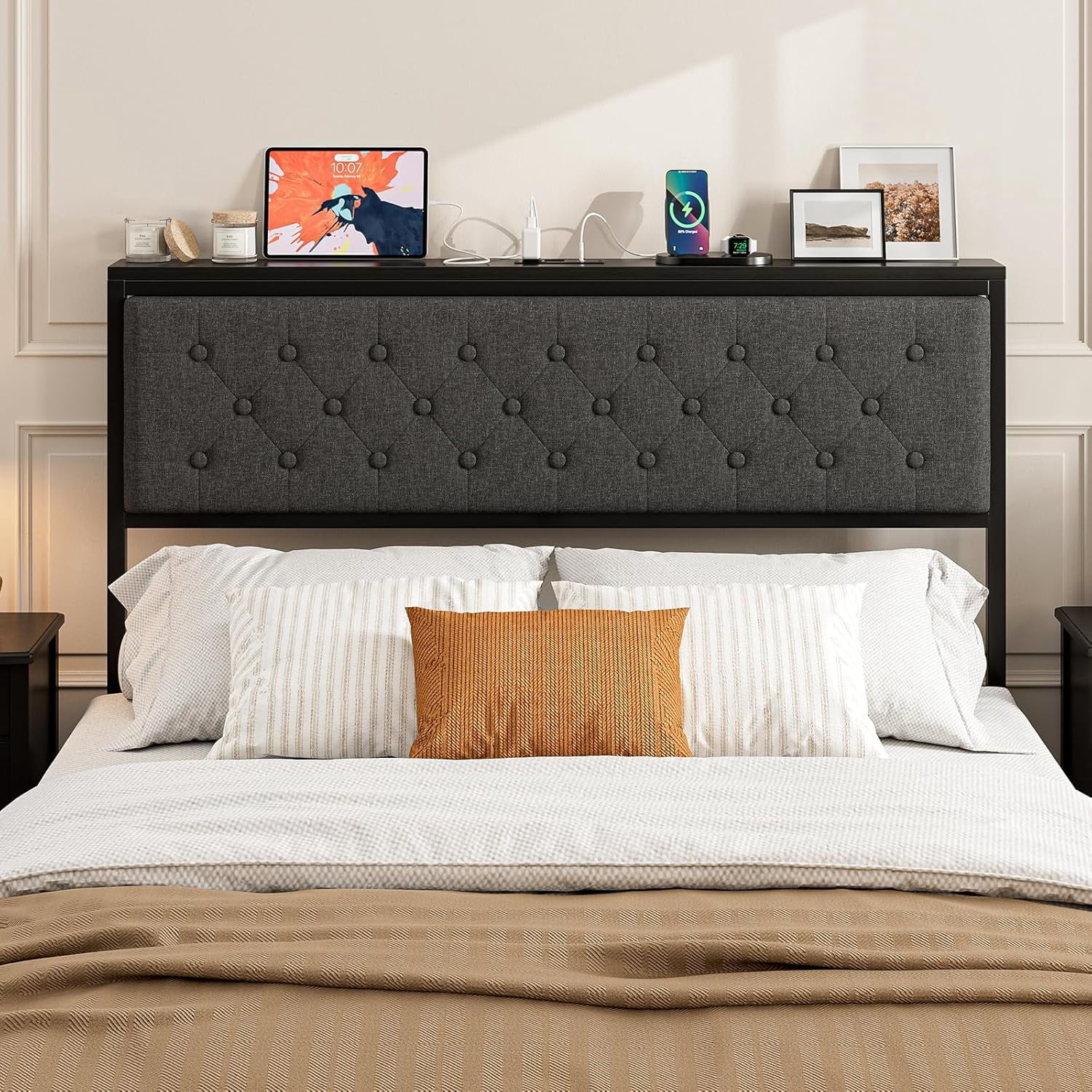 ARICOEASY Queen Size Storage Headboard with Charging Station, Upholstered Button Tufted Headboard, Easy Assembly, Dark Grey