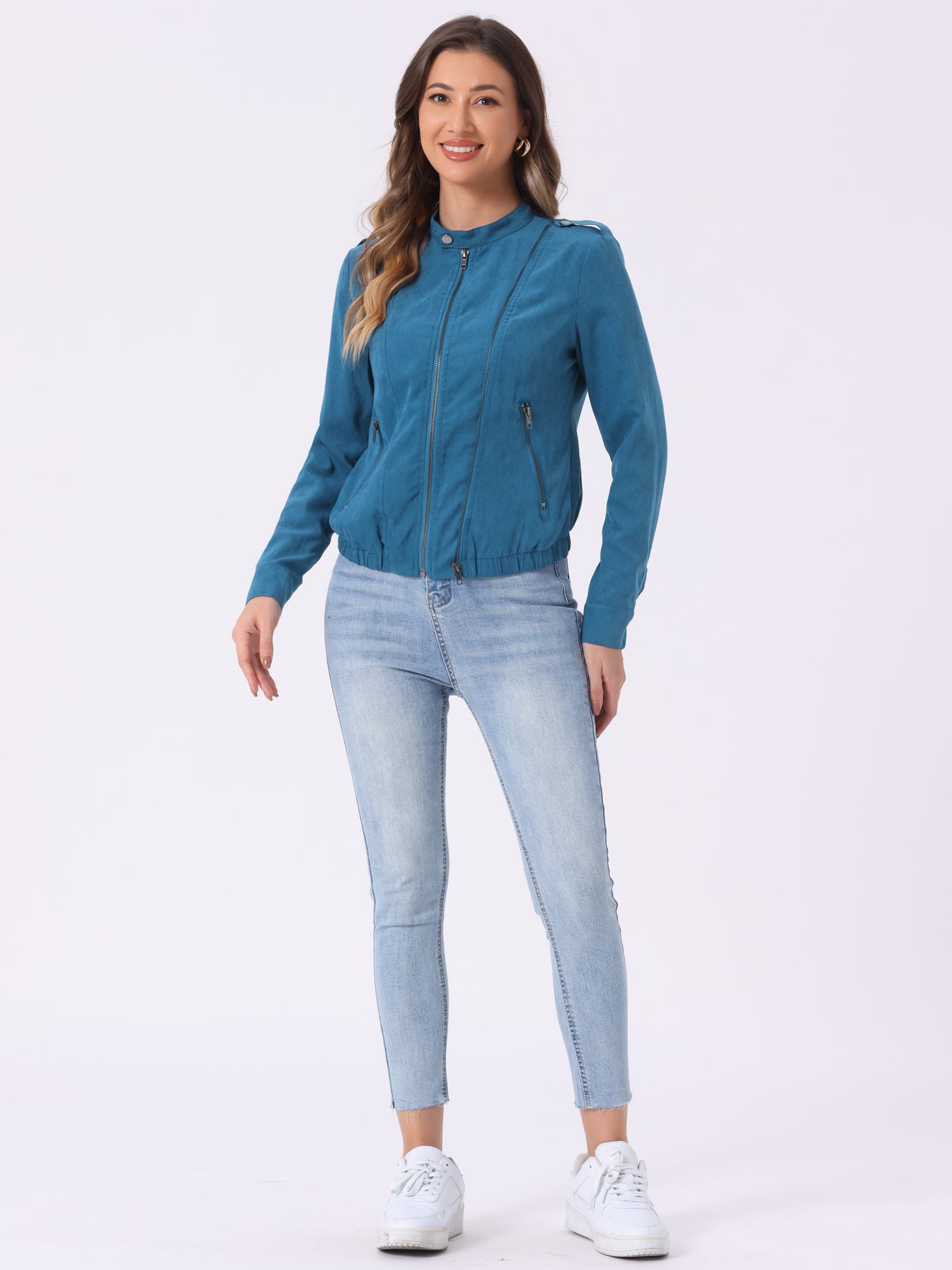 DARING DIVA Casual Zip Up Long Sleeve Lightweight Moto Jacket L Peacock Blue