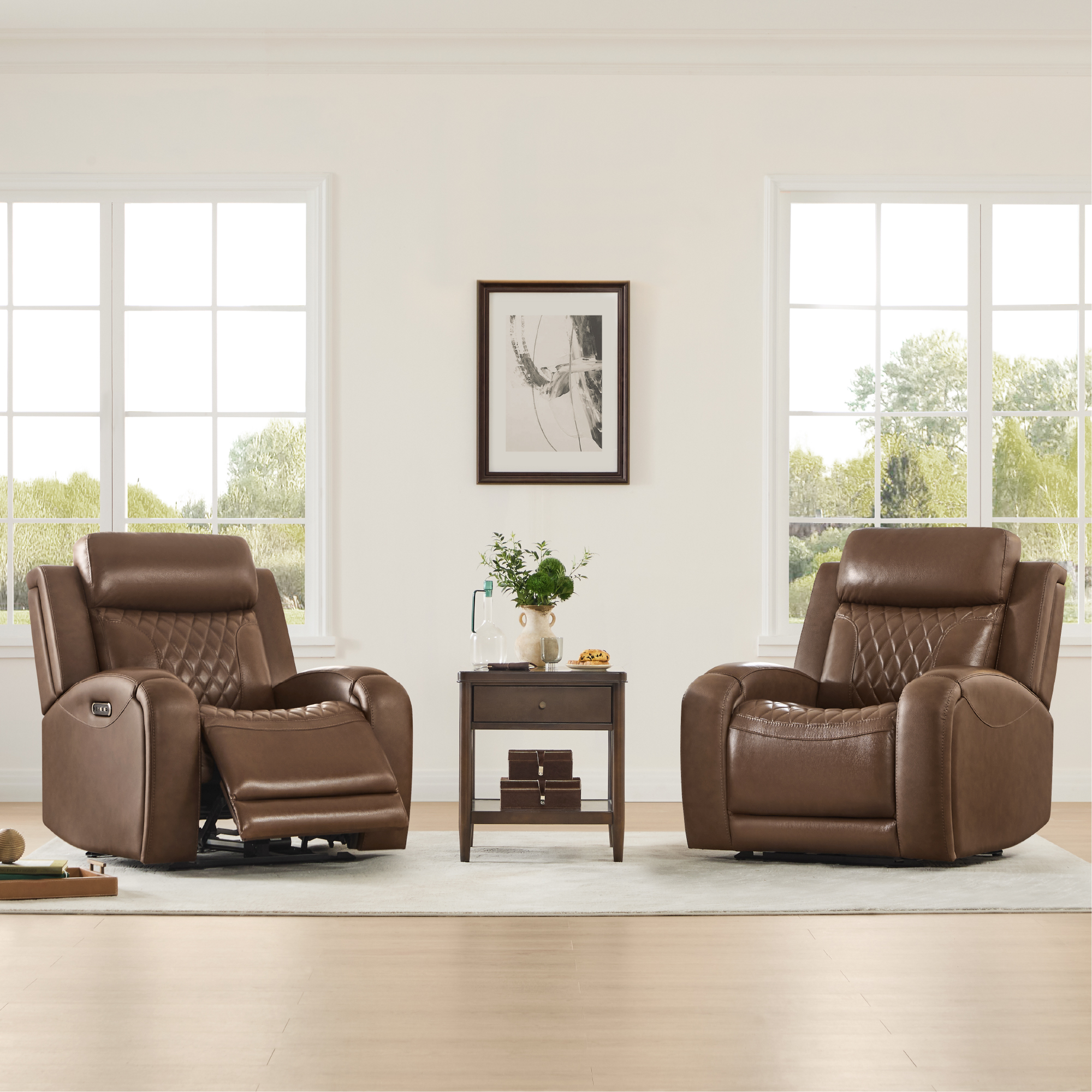Spruce & Spring Leather Dual-Motor Lay Flat Recliner with Diamond Quilting, Cafe