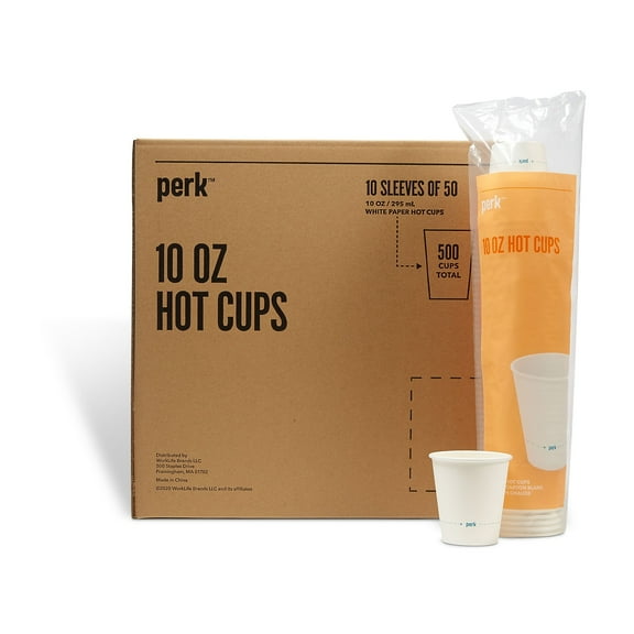 Perk Paper Hot Cups 10 oz. White 50/Sleeve 10 Sleeves/Carton PK59143CT