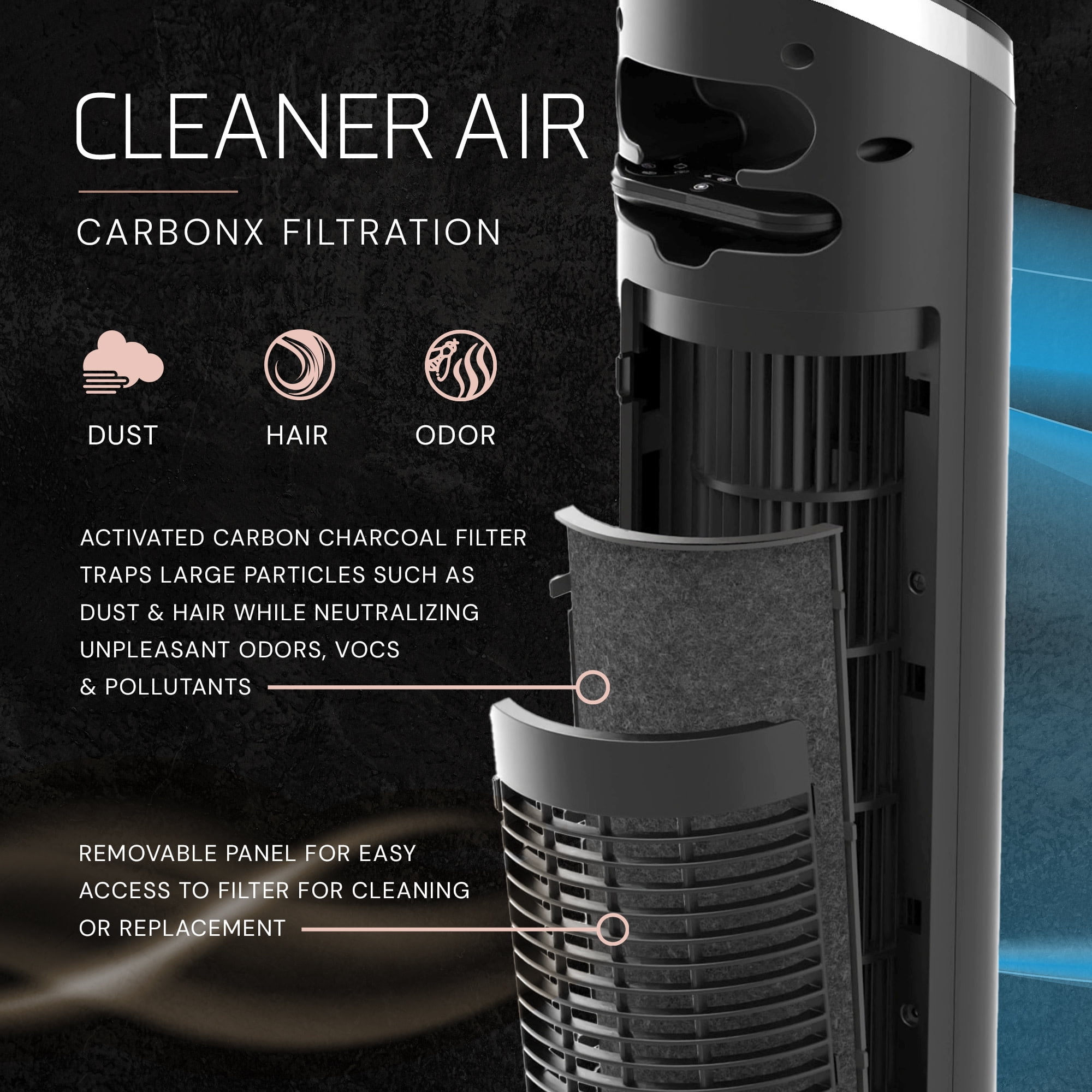 Lasko Apex 42" 6-Speed Tower Fan, 29 ft/s Airflow, Carbon X Filtration and Remote, Black, RST200