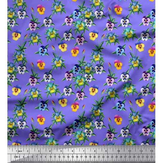 Soimoi Satin Silk Fabric Leaves & Pansy Watercolor Print Fabric by The Yard 42 Inch Wide