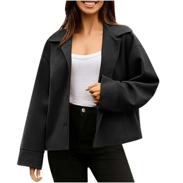 hoksml Women's Faux Wool Short Blazer Jacket Solid Color Lambhair Fall Winter Composite Thick Velvet Jacket Notch Lapel Office Button Up Top
