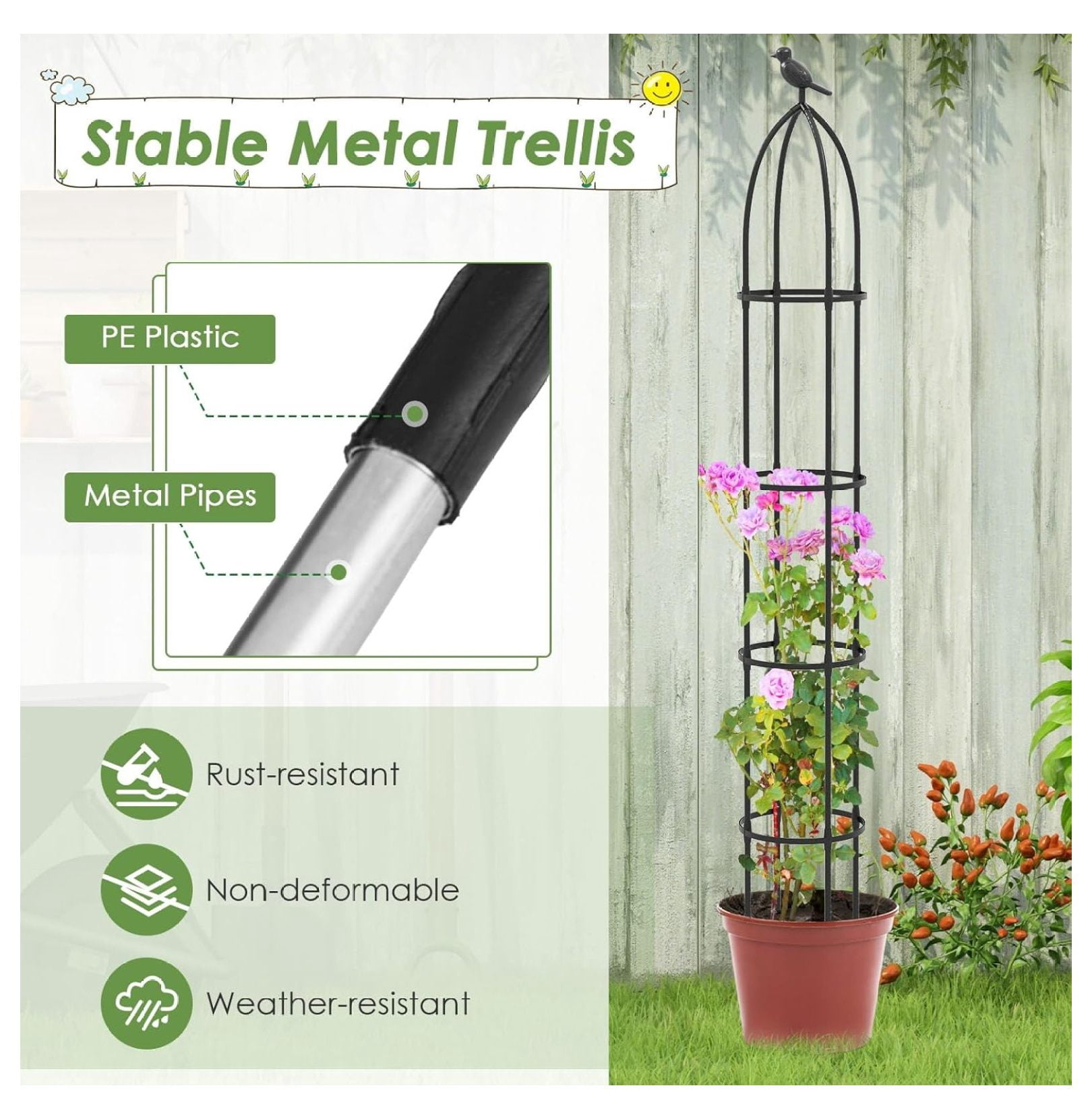 Garden Trellis for Climbing Plants, 78” Tall Metal Obelisk Trellis w/Adjustable Height, Gloves, Cable Ties, 2 in 1 Plant Cages & Supports for Flowers, Vegetables, Vines Indoor Outdoor