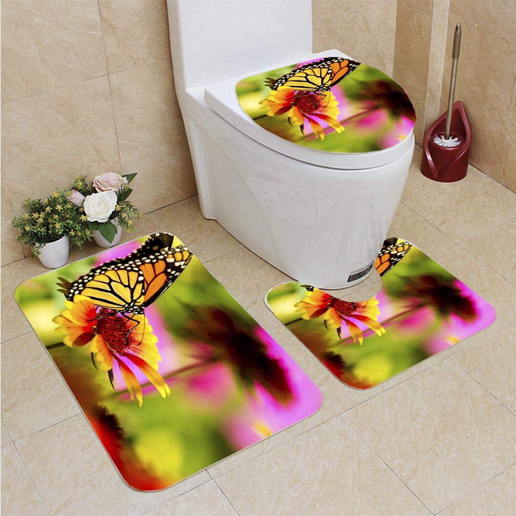 XDDJA Monarch Butterfly a Pretty Flower 3 Piece Bathroom Rugs Set Bath