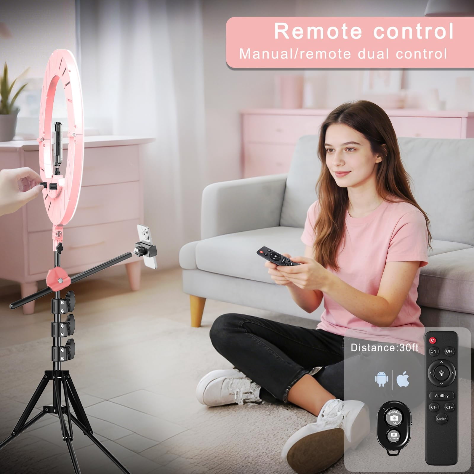 55w18 45cm Ring Light Kit [new Version] 6700k Dimmable Ledringlighttripod Stand Dual Phone Holder For Selfie Makeup Lashtattoo Studio Lighting Painting Photo Video Recording (pink)