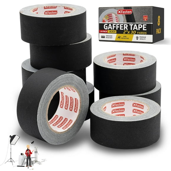 XFasten Ruban Gaffer Noir 2 Pouces x 30 Verges en Vrac - Lot de 8 (720 Pieds), Sans Résidu Ruban Gaffer Noir Mat 2 Pouces Non Réfléchissant Facile à Déchirer Robinet de Sol