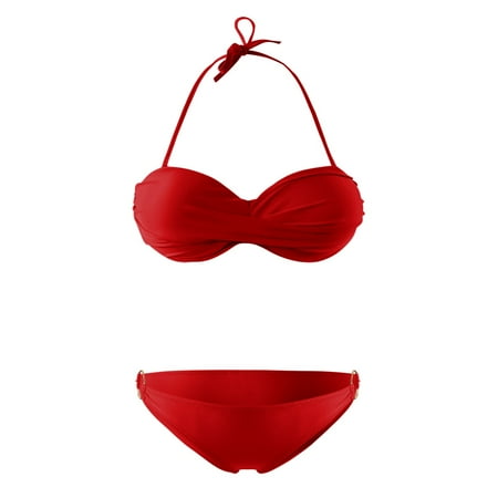 JIANJIA Swim Suits for Women Summer Solid Color Detachable Lace Up Halter Brassiere With Thongs Two Piece Brazilian Bikinis Swimwears Bathing Suits Red XL