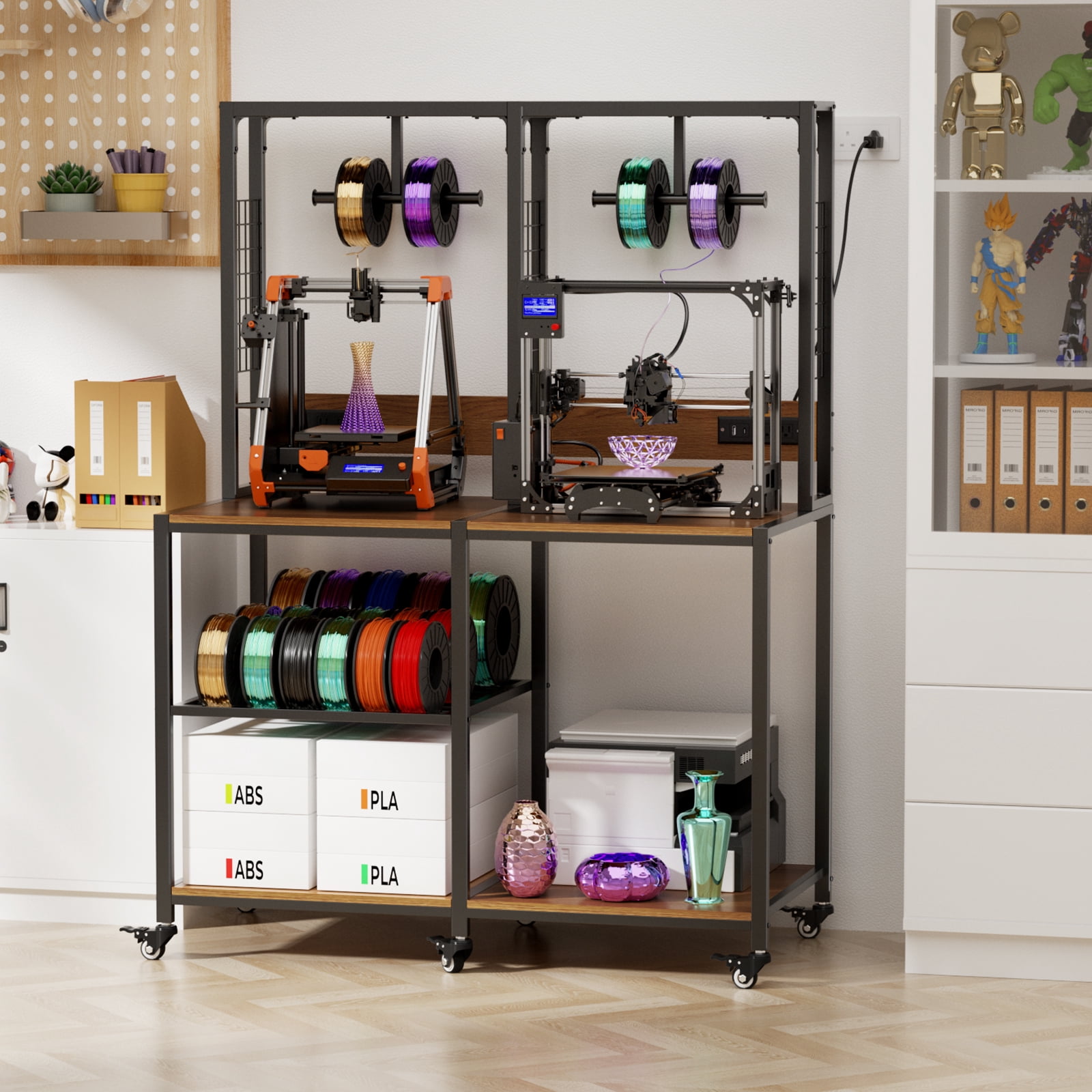 3D Printer Stand with Filament Storage,Lockable Wheels & Power Outlet,Heavy Duty 3D Printer Table Workbench Utility Rack for Home Studio Office Garage,Black