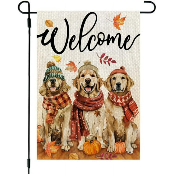 Shmbada Fall Dogs Garden Flag 12x18 Inch Double Sided Small Burlap Holiday Autumn Golden Retriever Flag for Outside Yard Welcome