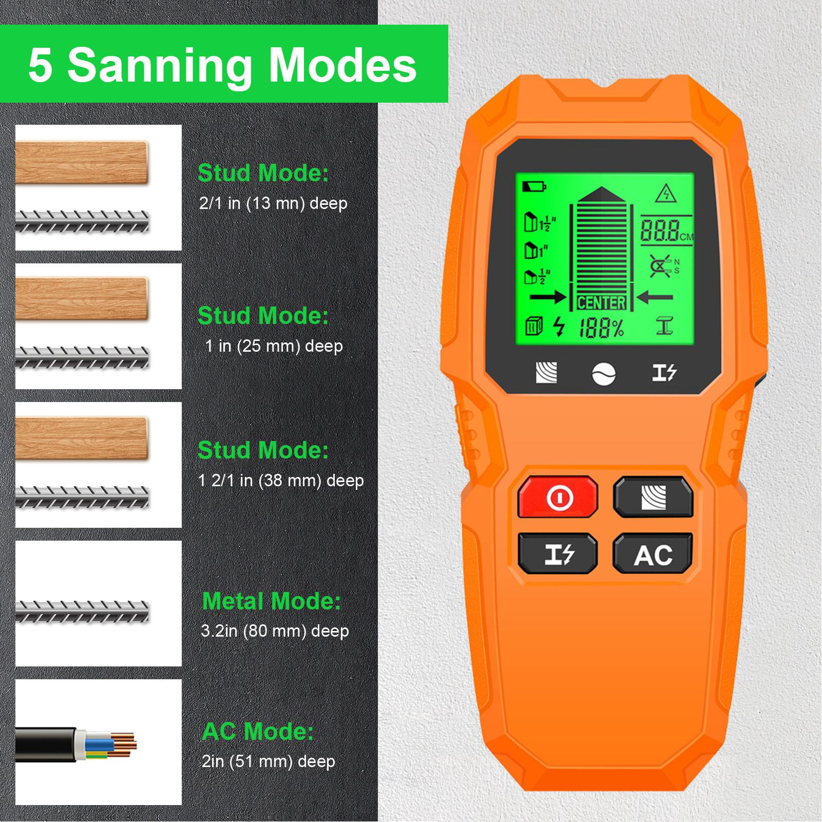 YAHHU 5-in-1 Stud Finder Wall Scanner, Electronic Wood Metal AC Wire Detector with LCD Display, Handheld Wall Cable Finder Sensor Tool, 7.48 inches / 19 cm