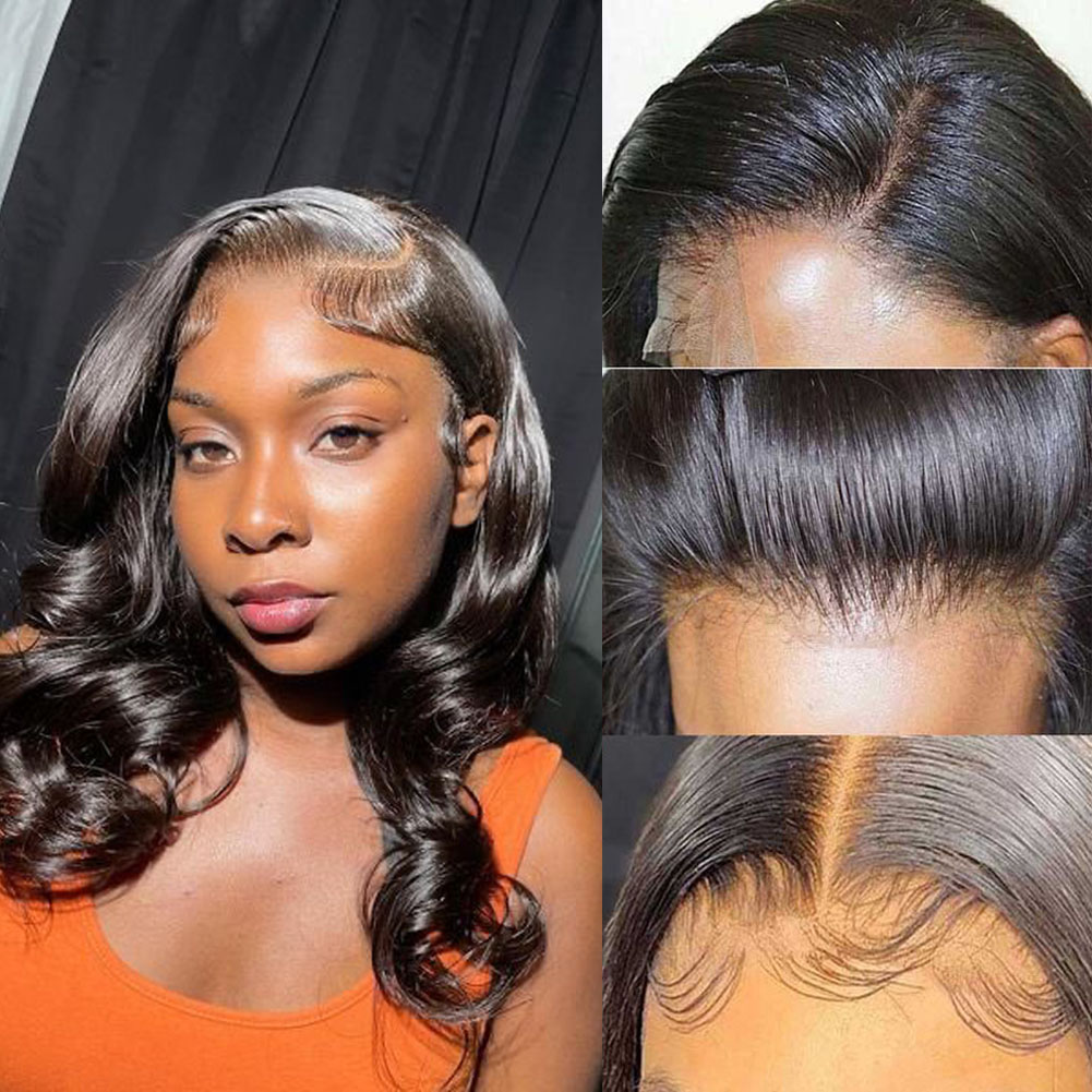 MDL Body Wave 4x4 Lace Front Wigs Human Hair Pre Plucked With Baby Hair Natural Color For Black Women 180% Density 14inch