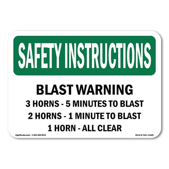 OSHA SAFETY INSTRUCTIONS Sign - Blast Warning 3 Horns - 5 Minutes To Blast | Plastic Sign | Protect Your Business, Work Site, Warehouse | Made in the USA