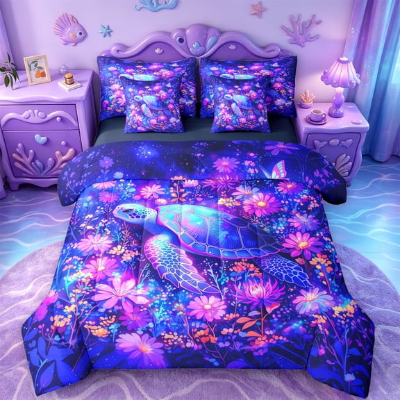 jejeloiu Neon Floral Sea Turtle 7 Pieces Full Size Bedding Sets For Girls,Underwater Garden Flowers Full Size Bed in a Bag,Purple Pink,Navy Blue Reversible