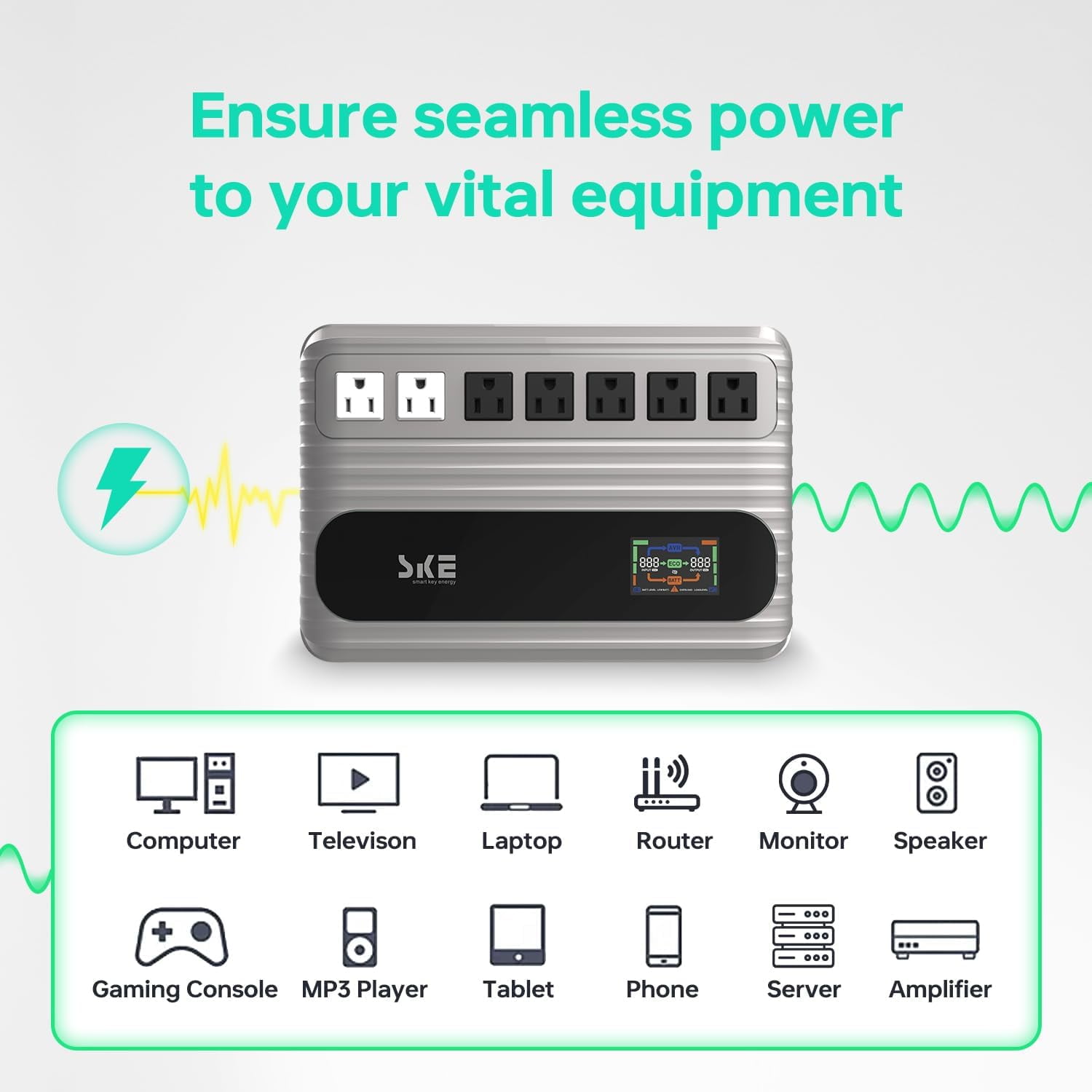UPS Battery Backup and Surge Protector 7 Outlets, LCD Display Uninterruptible Power Supply for Computer