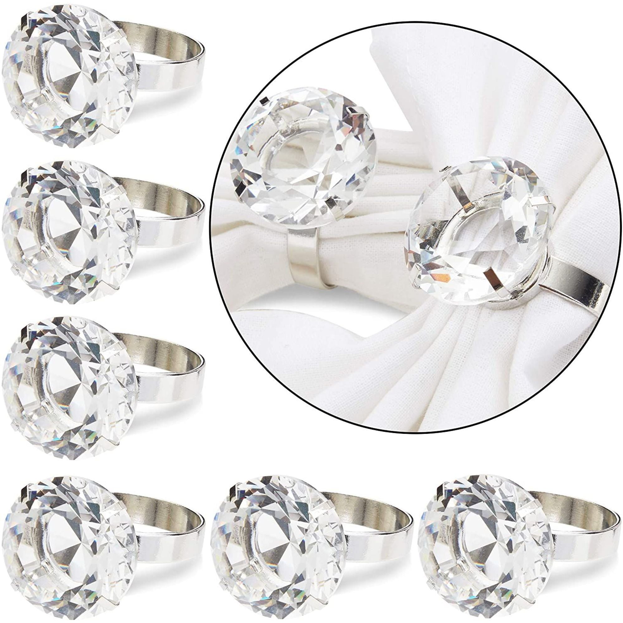 6 Pack Crystal Diamond Silver Napkin Rings for Wedding Banquet Party