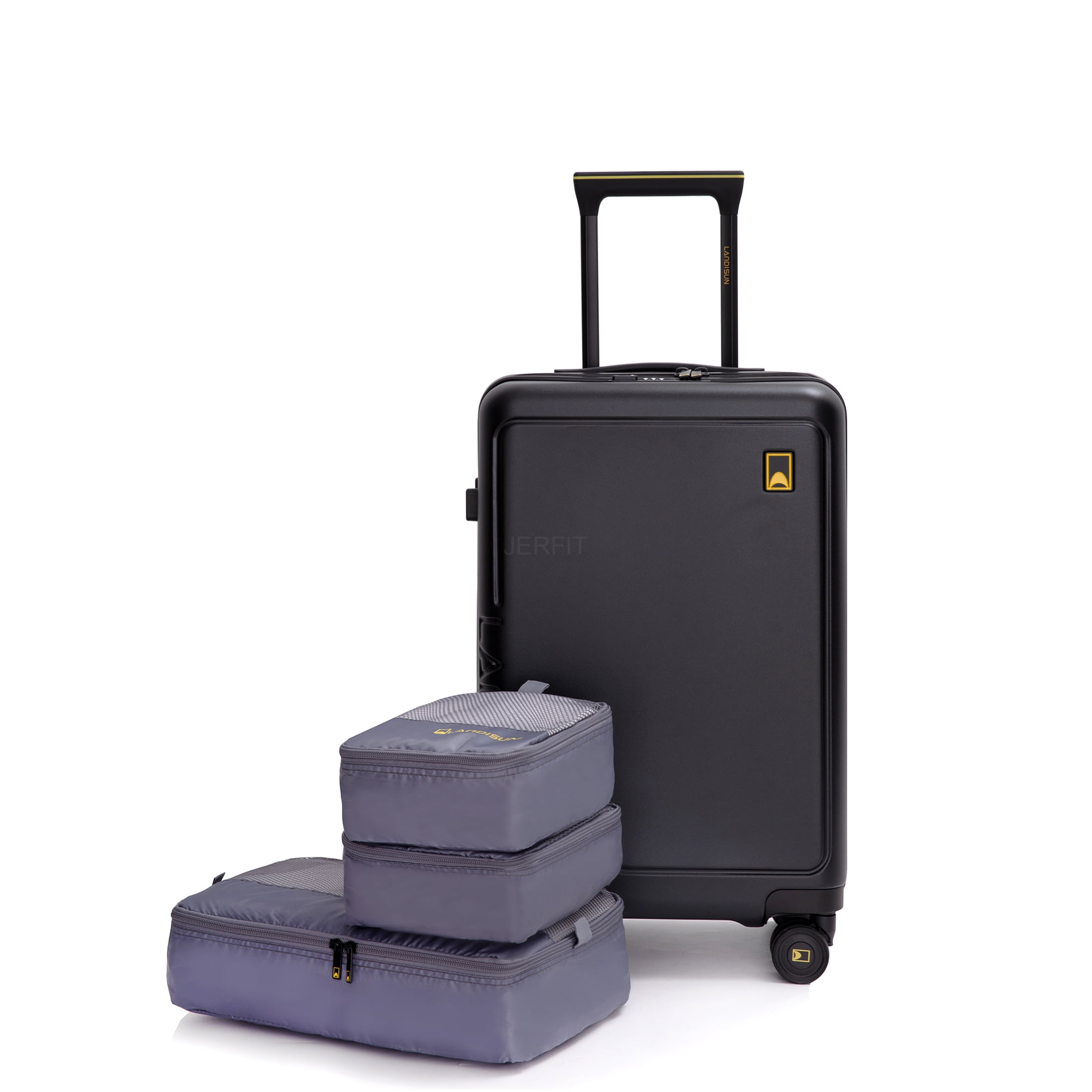 JERFIT 19 Inch Carry On Luggage Hard Shell Spinner Suitcase, 3-Piece Set with Lining Storage Bag, ABS+PC Lightweight Checked Luggage with Wheels for Travel, Black