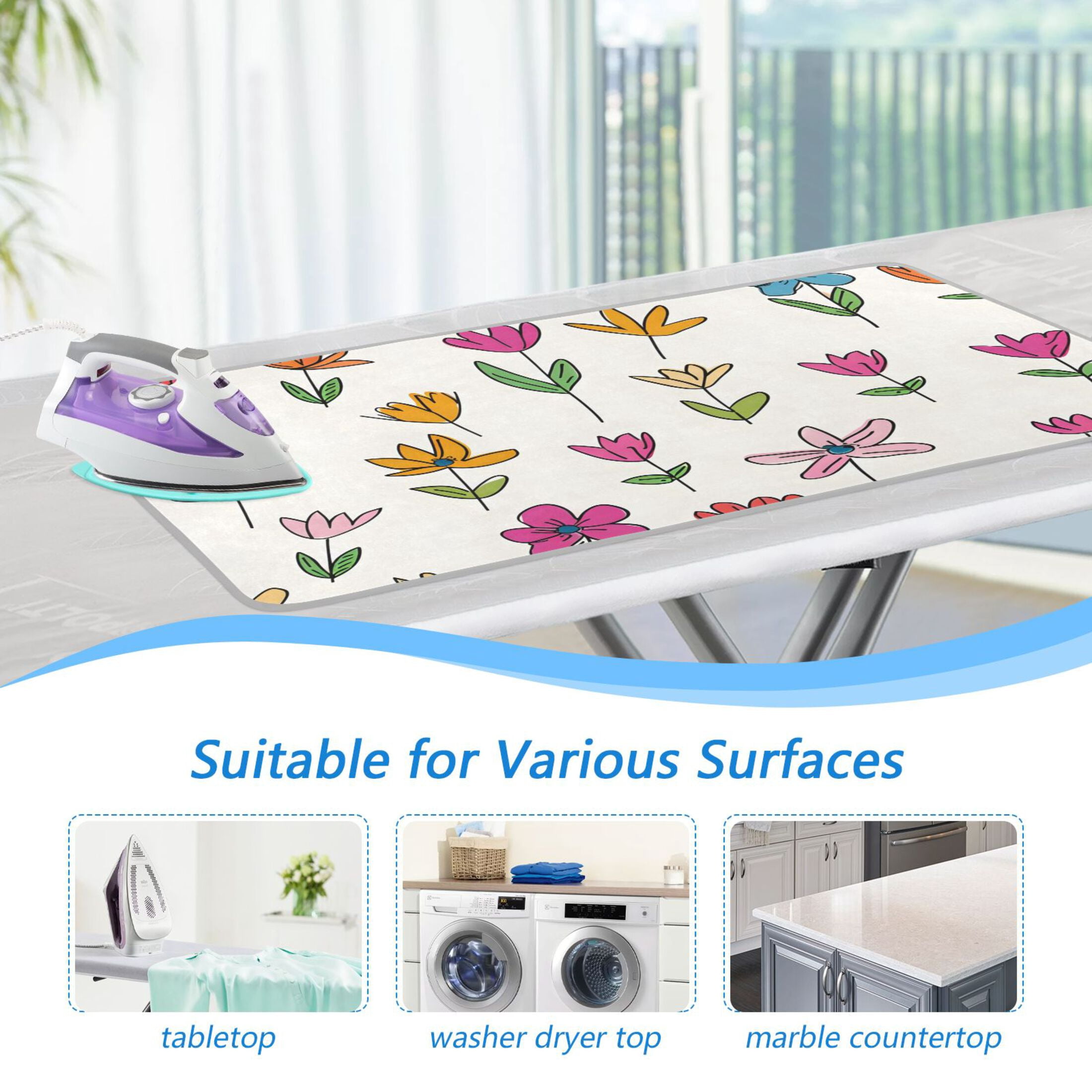Colorful Florals Cartoon Doodle Style Ironing Mat Blanket Portable Travel Ironing Pad Heat Resistant Pad 47.2" x 27.6”