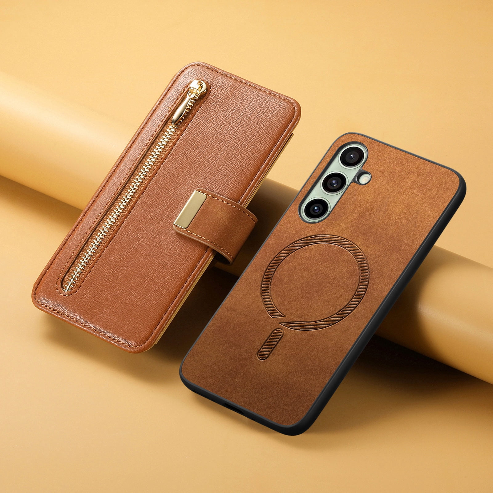TECH CIRCLE for Galaxy S24 FE 2-in-1 Phone Case 6.7" 2024, Magnetic Back Cover with Removable Flip Wallet Case, with Card Slots/Ring Holder Grip, Compatible with MagSafe, PU Leather Case, Brown