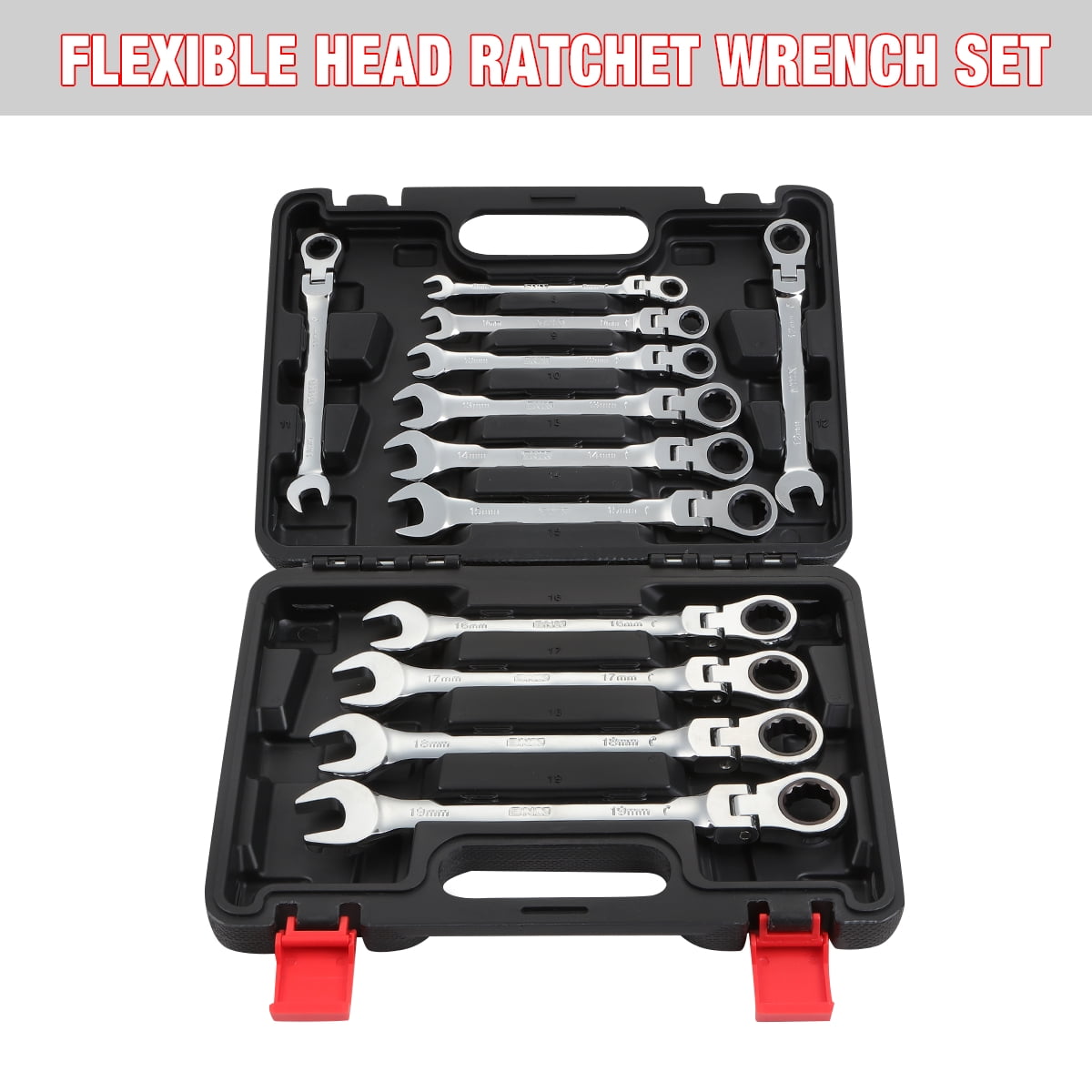 12 Piece Metric Wrench Set, 180° Flex Head & 72 Tooth Ratcheting Wrenches with Blow Mold Storage Case, Chrome Vanadium Steel, 1 Set, Black