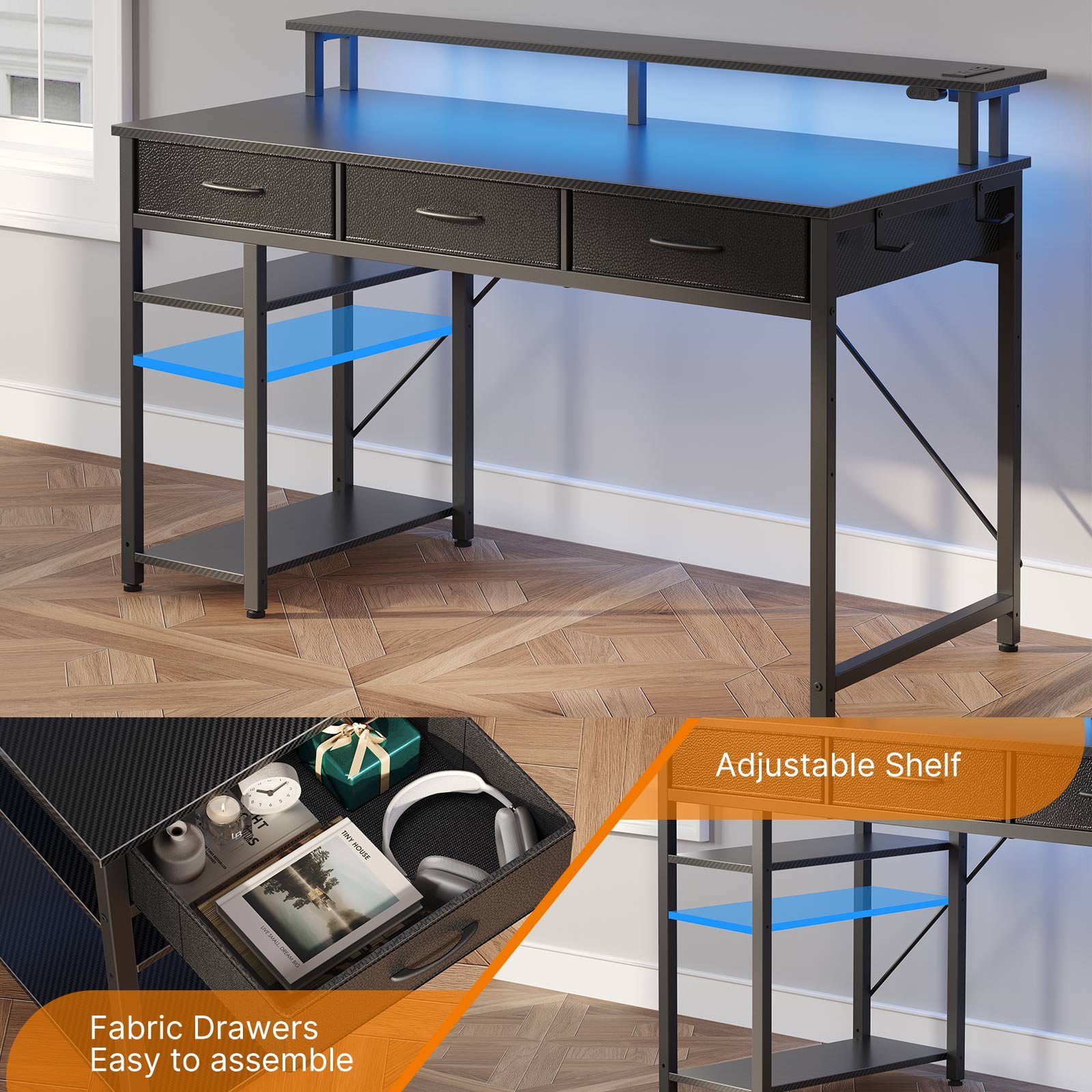 Greenstell 39" Computer Desk with Built-in Outlets & LED, 3-Drawer Office Desk with Monitor Stand, Black