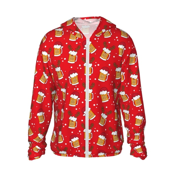 Balery Christmas Hat beer Sudadera ligera de manga larga con capucha y protección solar UPF 50+ para hombre y mujer, ideal para pesca y running-XX-Large