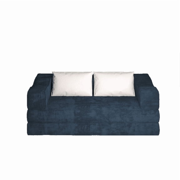 TICOZE 80 Inch Blue Convertible Couch Bed with 2 Pillows, 3-Seat Folding Floor Sofa & King Size Bed Mattress, DIY Combination Chenille Sofa Bed