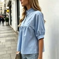 thumbnail image 2 of ClodeEU Women's V Neck Puff Short Sleeve Pleated Blouse,Casual Loose Swing Tunic Top Light Blue,Women's Plus M, 2 of 4