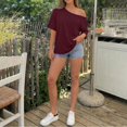 thumbnail image 5 of VJGBEGW Women Off The Shoulder Tops Oversized Short Sleeve Shirts Summer Casual Fashion Tees Wine XL, 5 of 9