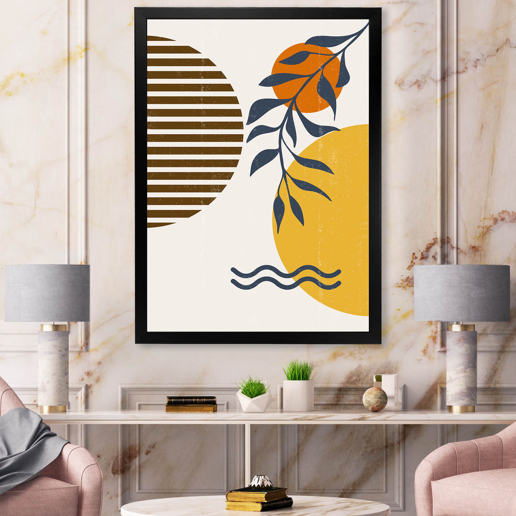 Designart 'Abstract Shapes With Botanical Minimalist Leaf I' Modern Framed Art Print