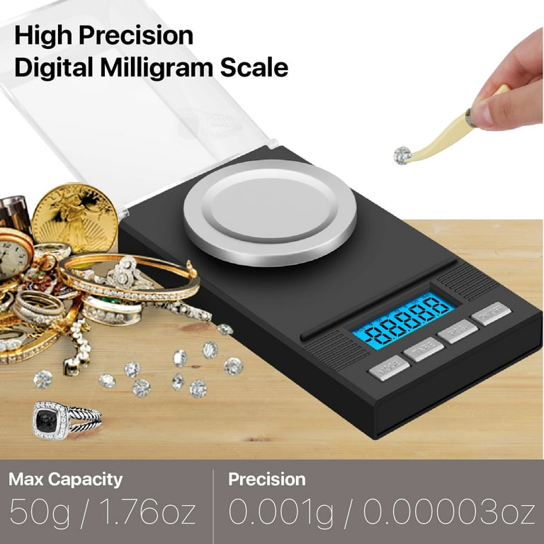 Milligram Scale, 50g/0.001g Digital Pocket Scale with LCD Backlit, Mini  Gram Scale with Calibration Weights Tweezers Weighing Pans for Powder