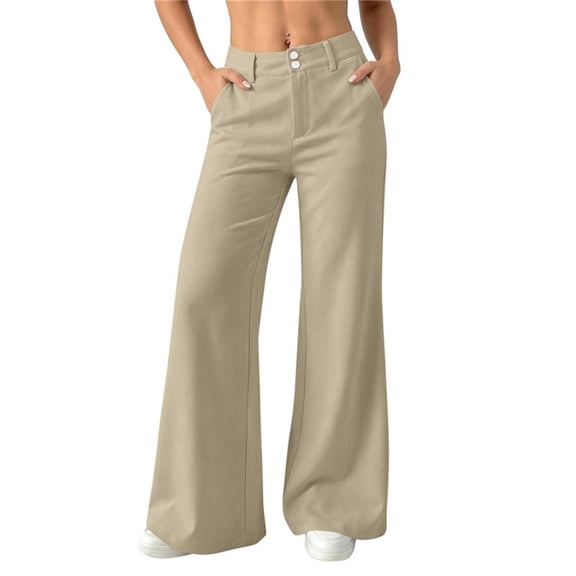 BVnarty Women High Rise Double Button Wide Leg Flare Pants Full Length Relaxed Draped Fit Side Pockets for Business Meetings And Daytime City Errands Khaki S