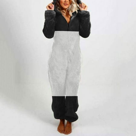 

FZM Winter coats for women Women s Artificial Wool Long Sleeve Pajamas Casual Solid Color Zipper Loose Hooded Jumpsuit Pajamas Casual Winter Warm Rompe Cute Ears Sleepwear