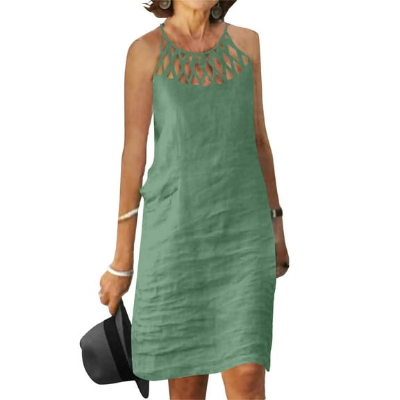 Womens Summer Linen Casual Halter Dress Crochet Hollow Out Straight Solid Color Beach Sleeveless Tank Sun Dress