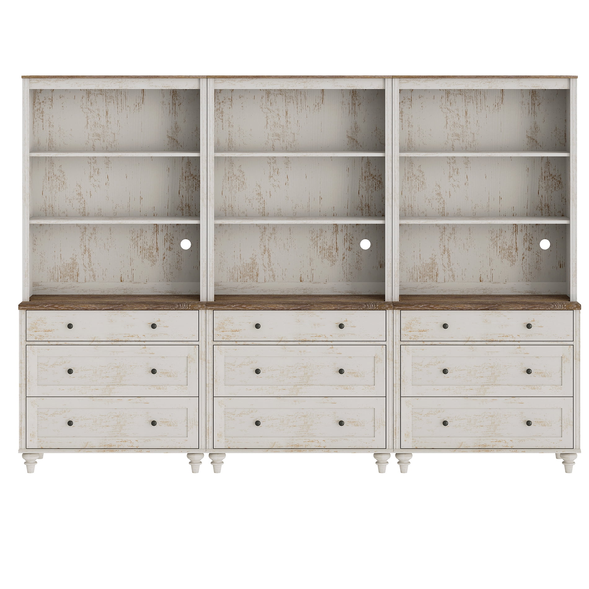 Farmhouse 5 Tier Bookcase With 9 Drawers, Rustic White, 101.6" W