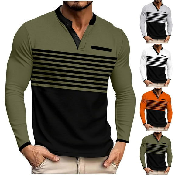 RYDCOT Men's Striped Color Blocked Business Button Top Long Sleeve Round Neck Pullover Tops White