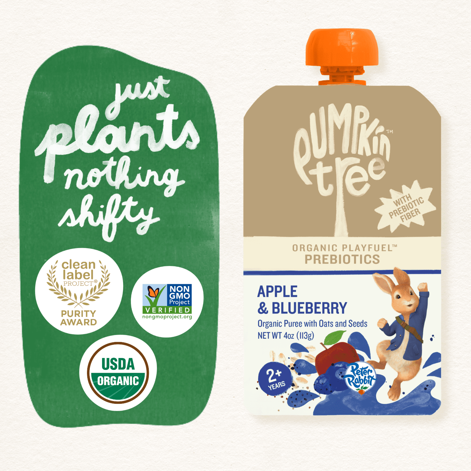 Pumpkin Tree Organics Peter Rabbit Prebiotic Fiber, Oats and Seeds Apple & Blueberry Fruit Snack, 4 Ounce Squeeze Pouch