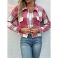thumbnail image 6 of SEARIPE Women's Cropped Plaid Shacket Jacket Button Down Long Sleeve Flannel Shirt Jacket Coat Hot Pink S, 6 of 7
