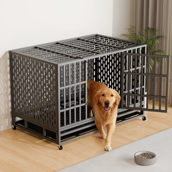 YOKWOK 48" Heavy Duty Indestructible Dog Crate Cage, Chew Proof & Escape-Proof XL Kennel for High Anxiety Large Dogs, with Locking Wheels and Removable Tray for Indoor & Outdoor Use, Black