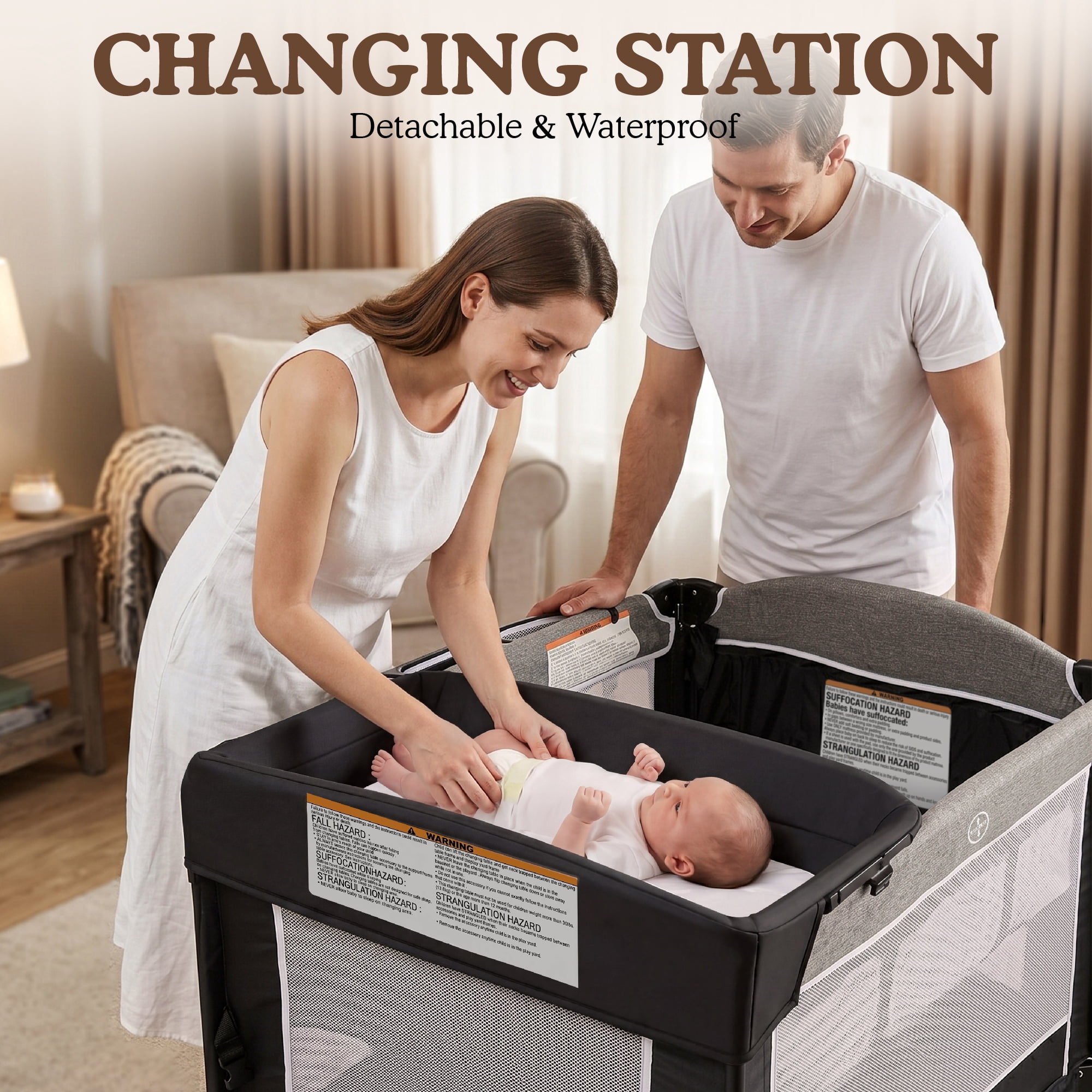 AILEEKISS 4-in-1 Portable Baby Play Yard with Changing Table for Newborn, Dark Grey
